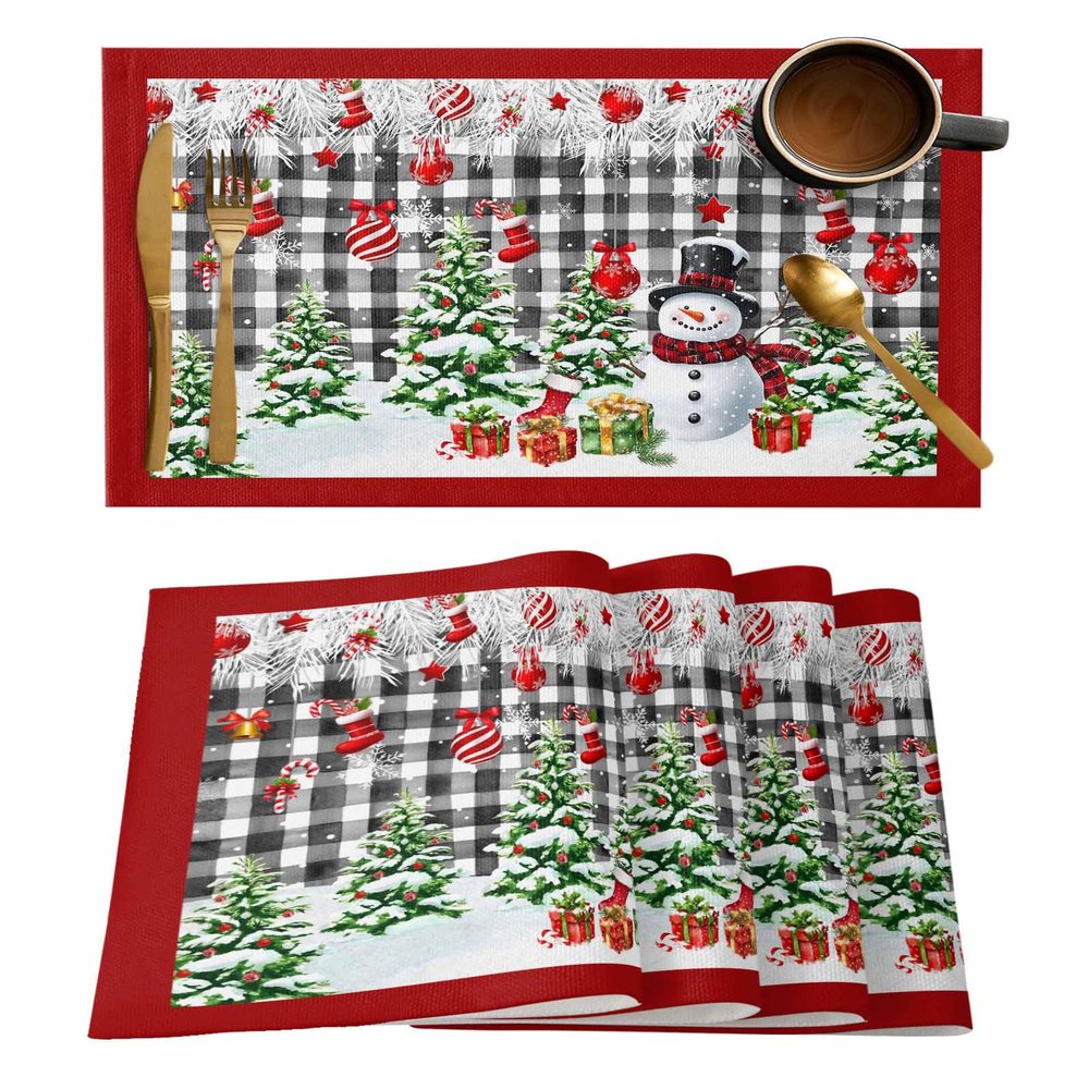 Christmas Placemats for Dining Table Set of 4 Christmas Tree Snowman Farmhouse Black and White Plaid Check Table Mats for Home Kitchen Restaurant Christmas Party Decoration,Washable