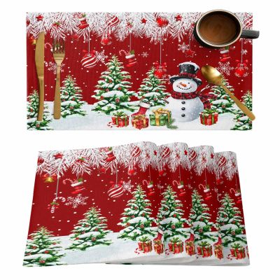 Christmas Placemats for Dining Table Set of 6 Christmas Tree Snowman Happy New Year Farmhouse Red Table Mats for Home Kitchen Restaurant Christmas Party Decoration,Washable