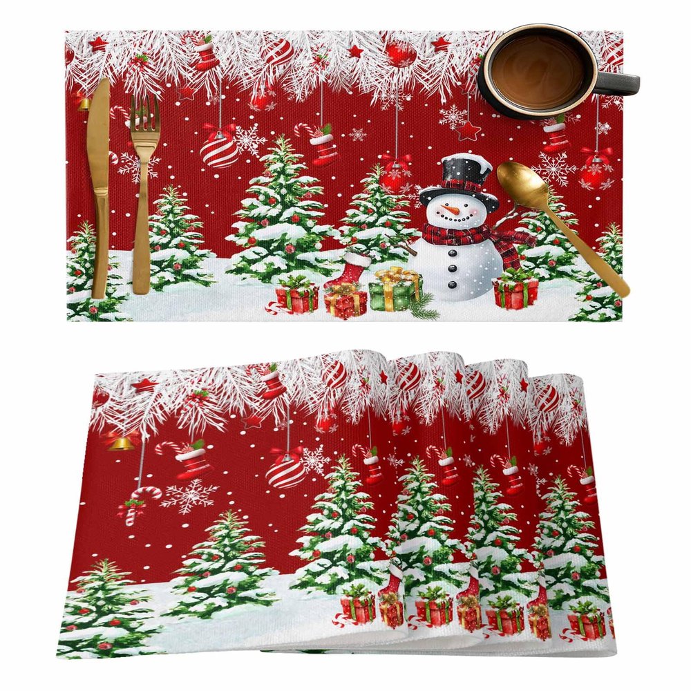 Christmas Placemats for Dining Table Set of 6 Christmas Tree Snowman Happy New Year Farmhouse Red Table Mats for Home Kitchen Restaurant Christmas Party Decoration,Washable