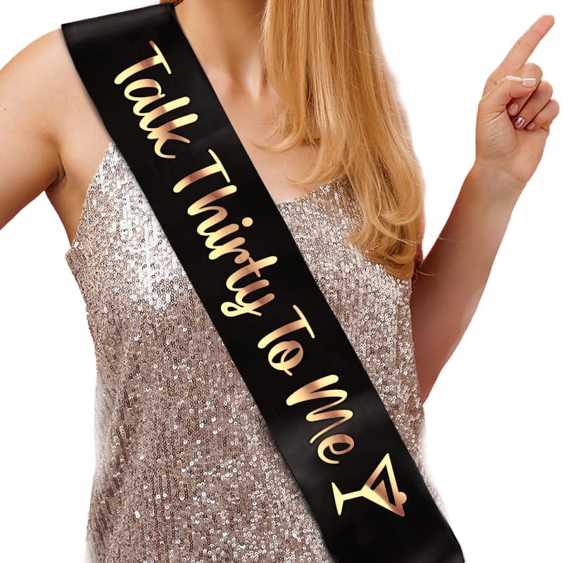 PartyForever 30th Birthday Party Decorations Talk Thirty to Me Black Sash with Rose Gold Letters