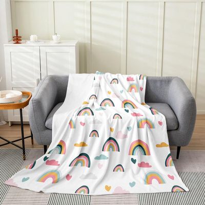 Kawaii Rainbow Throw Blanket, Cartoon Clouds Blanket, Colorful Sky Hand Drawn Fleece Blanket Twin 60X80 Inch, Yellow Blue Love Pattern Fuzzy Blanket for Girls Kids Boys, Warm Home Room Decor