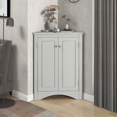 Knocbel 31.5" Height Corner Floor Storage Cabinet with Brushed Nickel Knobs, 2 Doors and Adjustable Shelves, Bathroom Pantry Corridor Free Standing Triangle Organizer Unit (Grey)