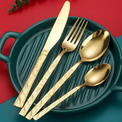 32 Piece Gold Silverware Set for 8 Textured Flatware Sets With Stone Grain Handle Durable 18/10 Stainless Steel Cutlery Kitchen Wedding Hotel Tableware Utensils Set Include Knife Spoon Fork Teaspoon