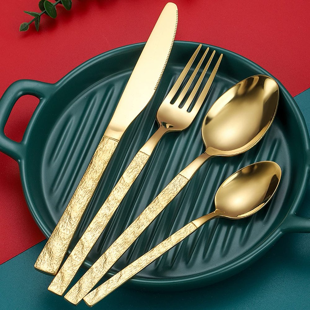 32 Piece Gold Silverware Set for 8 Textured Flatware Sets With Stone Grain Handle Durable 18/10 Stainless Steel Cutlery Kitchen Wedding Hotel Tableware Utensils Set Include Knife Spoon Fork Teaspoon