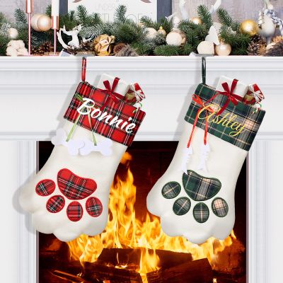 DegGod Personalized Christmas Pet Stocking with Names, 6 Pack 18 inches Dog Cat Paw Large Stocking Holders Gift Bag for Xmas Tree Hanging Decoration Home Fireplace Ornaments
