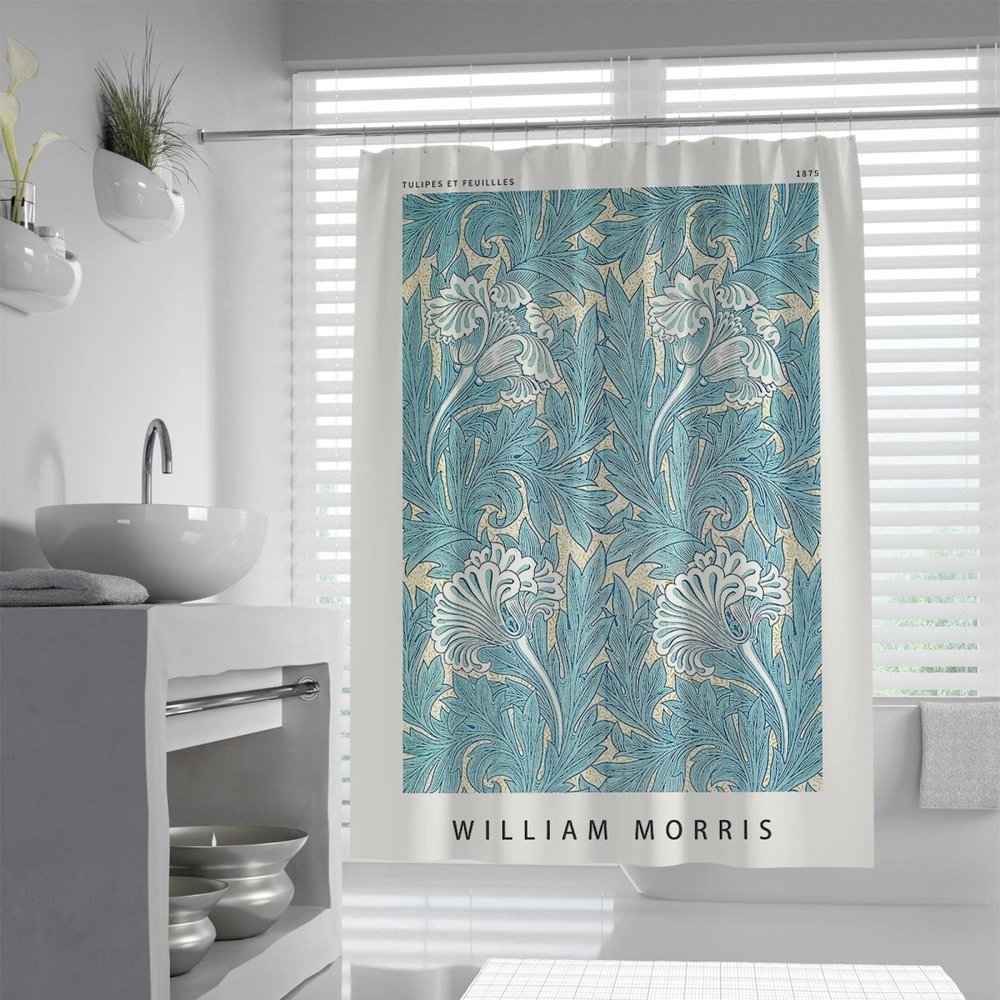 BYJING Art William Morris Shower Curtain Blue Retro Pattern Shower Curtain Set for Farmhouse Bathroom Waterproof & Quick Dry 108W x 72L(in)