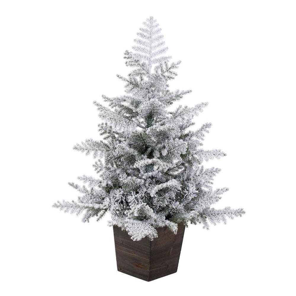 Vickerman 3' x 25" Potted Snowy Rosemary Pine Artificial Unlit Christmas Tree, Wood Container