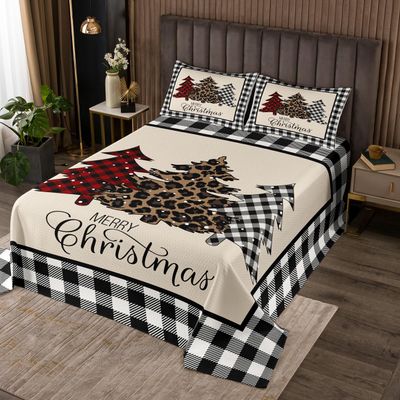 Merry Christmas Kids Bedspread Twin Size,Xmas Tree Rustic Bedding Set,Girls Boys Adults Bedroom Decor,Geometric Grid Patchwork Quilted Coverlet,Black White Stylish Bedding Quilt,2pcs,1 Pillowcase