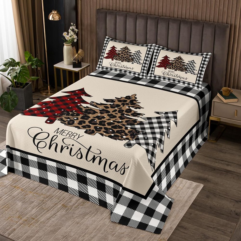 Merry Christmas Kids Bedspread Twin Size,Xmas Tree Rustic Bedding Set,Girls Boys Adults Bedroom Decor,Geometric Grid Patchwork Quilted Coverlet,Black White Stylish Bedding Quilt,2pcs,1 Pillowcase