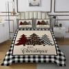 Merry Christmas Kids Bedspread Twin Size,Xmas Tree Rustic Bedding Set,Girls Boys Adults Bedroom Decor,Geometric Grid Patchwork Quilted Coverlet,Black White Stylish Bedding Quilt,2pcs,1 Pillowcase view 2