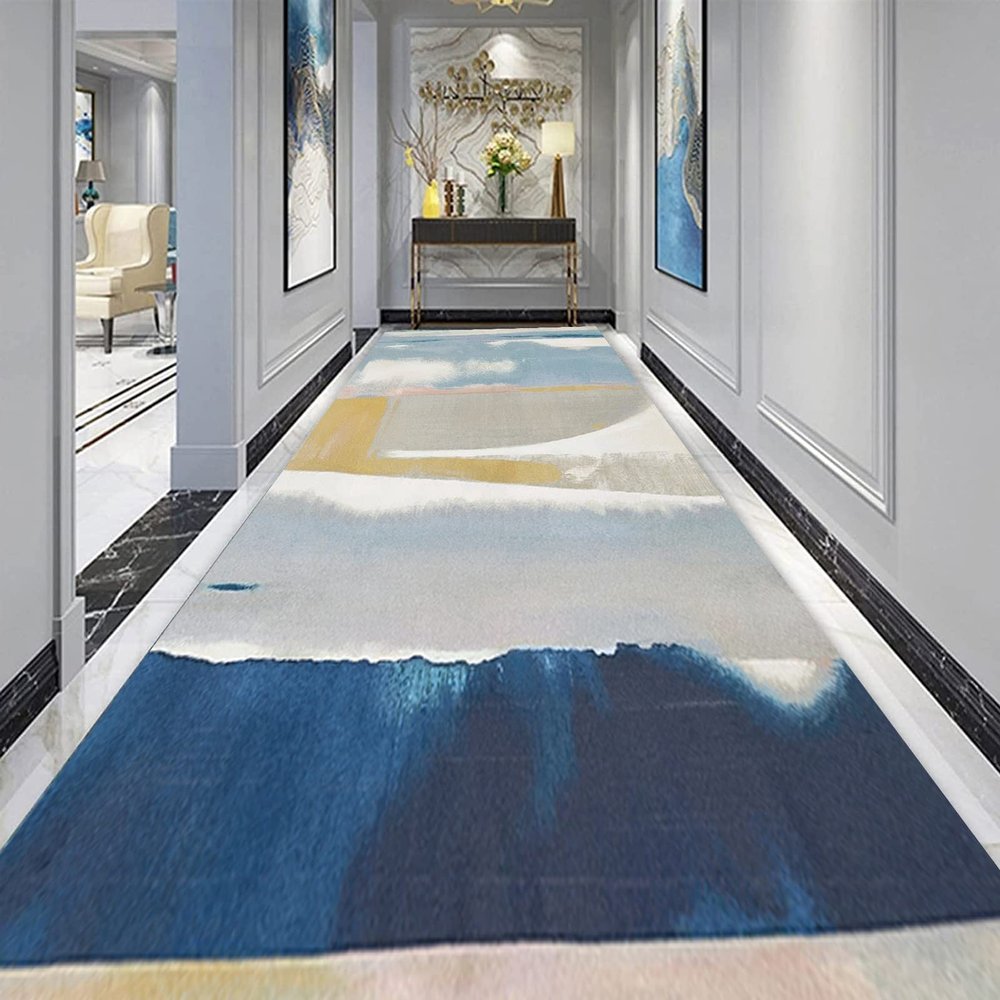 Hallway Runner Rug Modern Blue Grey Yellow Washable Long Carpet Runners for Corridor, Kitchen, Hall, Entryway Floor Non-Slip Mat 80x450cm/100x400cm (Size : 2.6 ft x 19.7 ft)