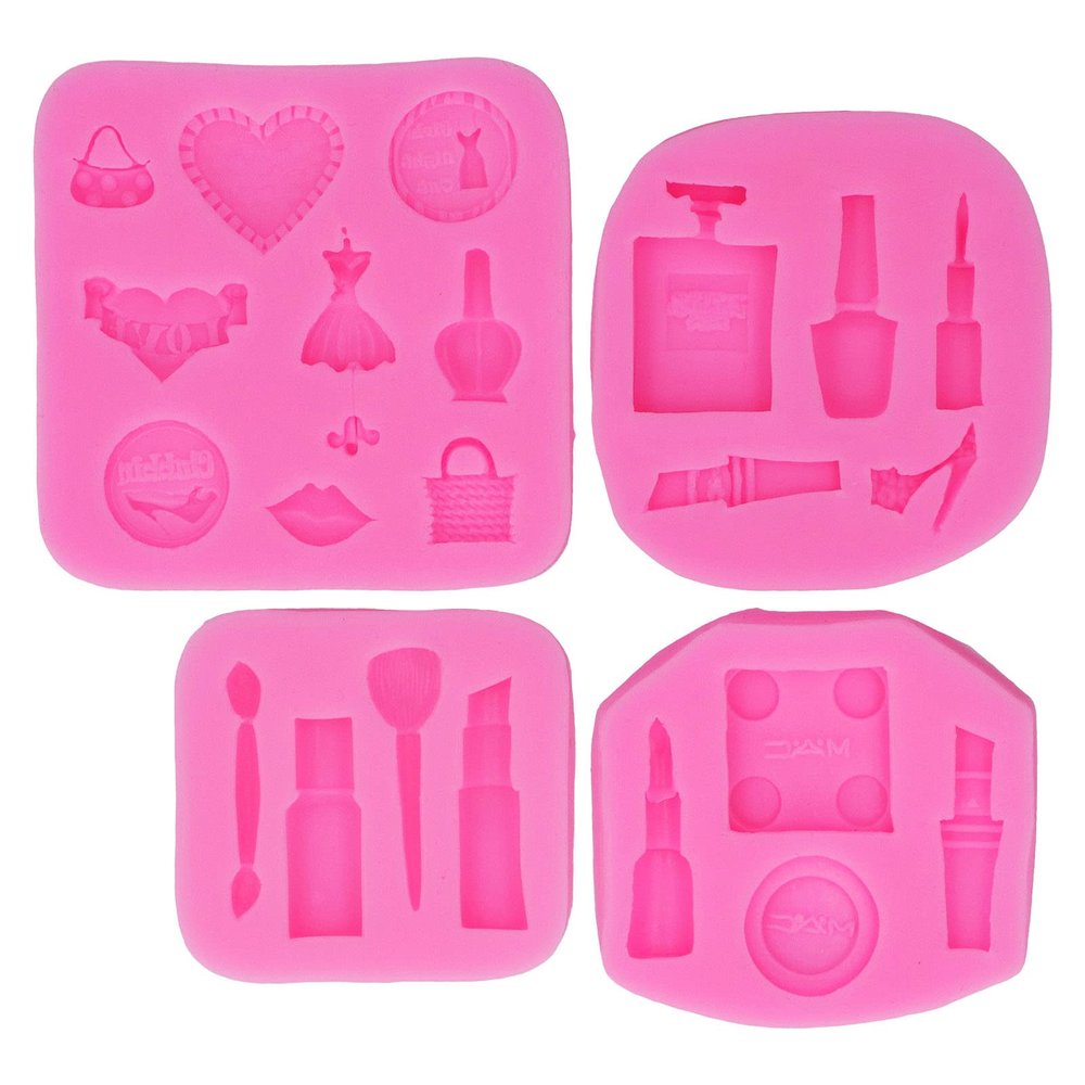 4Pcs Fondant Cake Decorating Molds, Makeup Design Silicone Molds Lipstick Perfume Candy Sugar Molds for Pudding Chocolate Cakes Cupcake