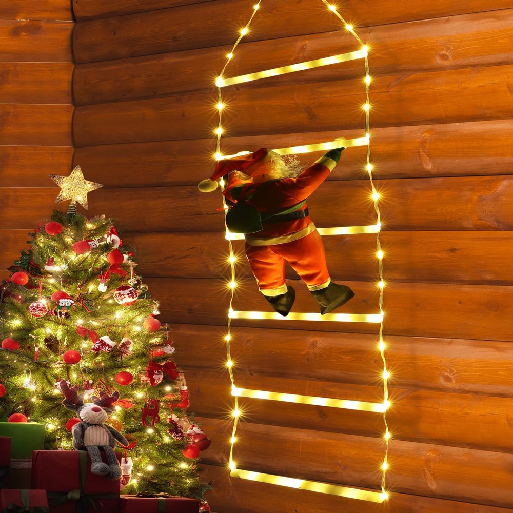 Joedoes Christmas Decorations LED Ladder Lights with Climbing Santa Claus, 2.5ft Indoor Christmas Decorative Lights - 8 Modes Xmas Lights Tree for Home Holiday Wall Window Xmas Decor (Warm White)