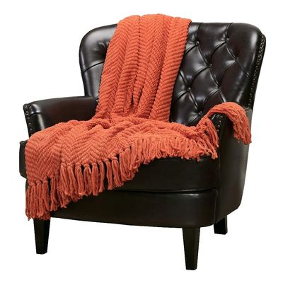 Aesthetic Super Soft 100-Percent Acrylic Knitted Blanket | Beautiful Knit Texture Design with Tassels | All Season Durable Cozy & Comfy Throw | Size: 50"W X 65"L Attractive Pretty Rust Orange Color