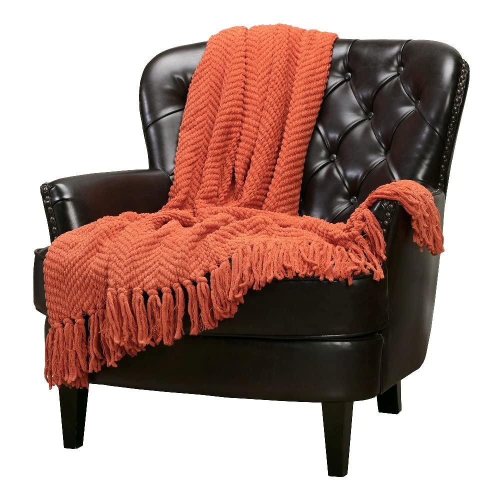 Aesthetic Super Soft 100-Percent Acrylic Knitted Blanket | Beautiful Knit Texture Design with Tassels | All Season Durable Cozy & Comfy Throw | Size: 50"W X 65"L Attractive Pretty Rust Orange Color