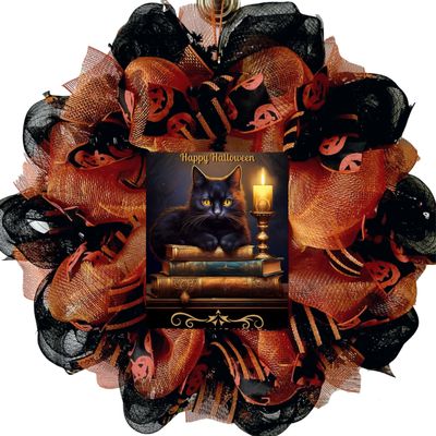 Happy Halloween Gothic Cat Deco Mesh Handmade Wreath Available in 24 inch or 28 inch diameters