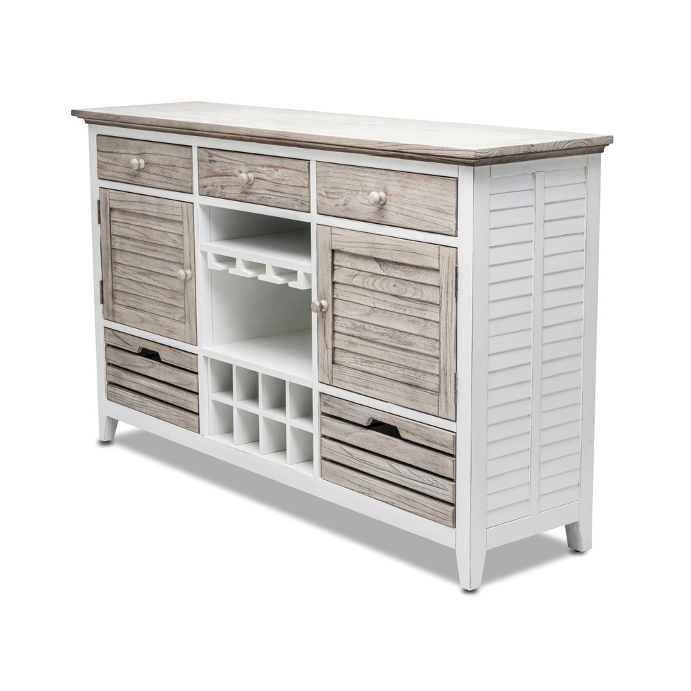 Sea Winds Trading Islamorada Sideboard with Wine Rack Dovetail Drawers Full Extension Ball Bearing Glides Mindi Wood 60 Inch Gray White Distressed Finish