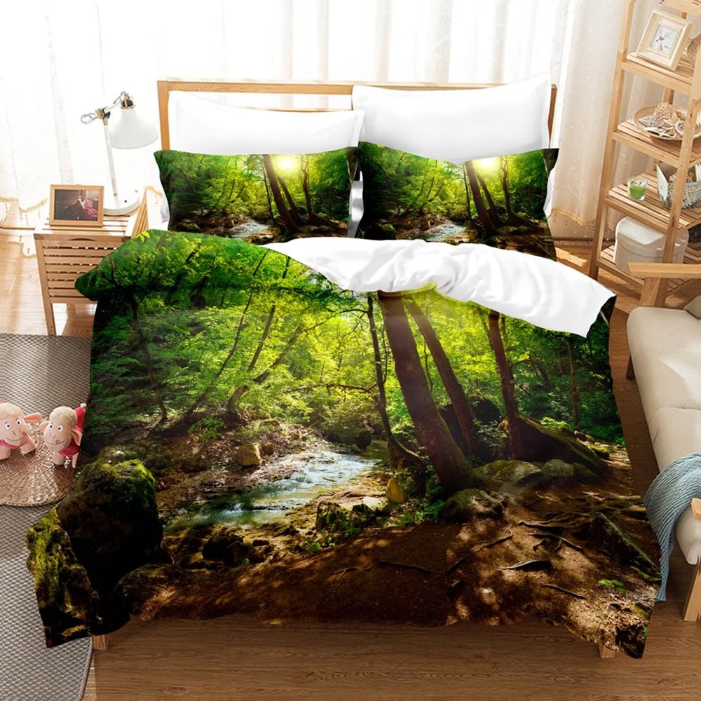 Roadchoice Forest Creek uvet Cover Queen Set, Green Woods Comforter Cover 3PCS for Boys Girls,Forest Decor 1 Duvet Cover with 2 Pillowcase Bedclothes with Zipper