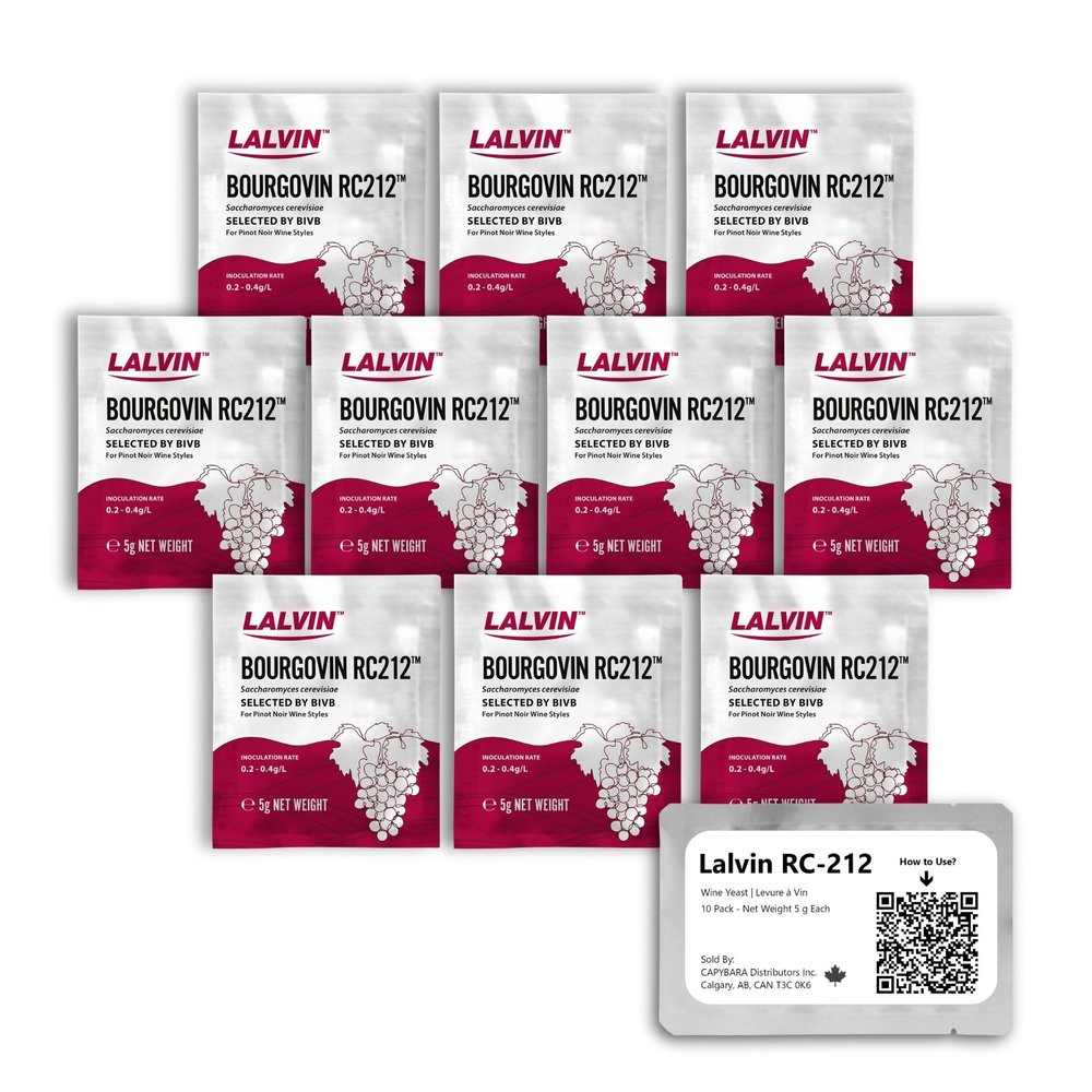 Lalvin RC-212 Wine Yeast (10 Pack) - Make Wine Cider Mead Kombucha At Home - 5 g Sachets - Saccharomyces cerevisiae - Sold by CAPYBARA Distributors Inc.