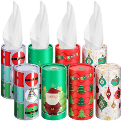 8 Pcs Christmas Car Tissue Holder with Facial Tissue Bulk Xmas Cylinder Tissues Boxes Travel Tissue Tubes for Car Tube Face Towel Holiday Tissue Box Round Container Napkins for Home
