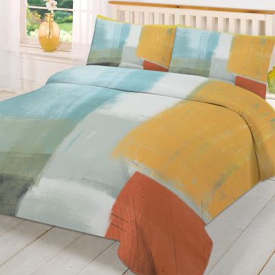 Orange Yellow Teal Duvet Cover Twin Size Luxurious Soft Bedding Comforter Quilt Cover, Abstract Modern Painting Watercolor Art Green White Pattern Textured Bed Duvet+Covers Set with Pillow Cases