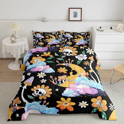 Erosebridal Groovy Happy Flower Comforter Set Exotic Moon Rainbow Bedding Set,Botanical Duvet Insert Hippy Girl Flower Skull Quilt King,1960 Vintage Flowers 60S 70S Hippie Psychedelic Home Decor
