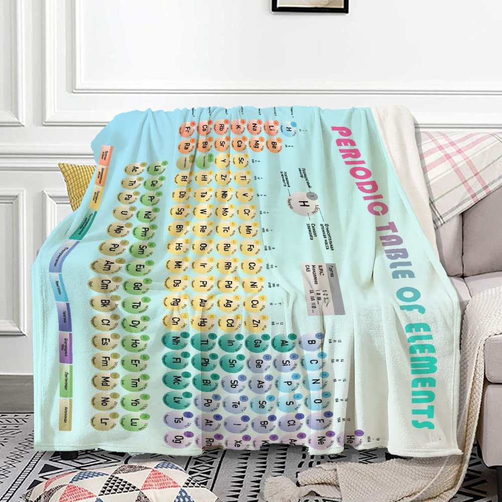 Periodic Table of Elements Throw Blankets for Chairs Bed Couch Dorm Fleece Soft Fluffy Luxury Flannel Blanket Oversize 120x90 Inches for Women Boys Girls, Gifts for a Science Themed Outdoor Camp