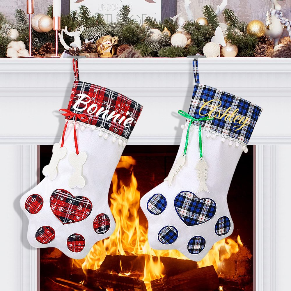 DegGod Personalized Christmas Pet Stocking with Names, 6 Pack 18 inches Dog Cat Paw Large Stocking Holders Gift Bag for Xmas Tree Hanging Decoration Home Fireplace Ornaments
