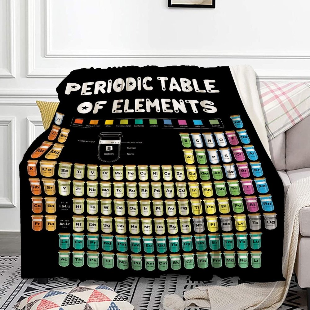 Periodic Table of Elements Throw Blankets for Chairs Bed Couch Dorm Fleece Soft Fluffy Luxury Flannel Blanket Oversize 120x90 Inches for Women Boys Girls, Gifts for a Science Themed Outdoor Camp