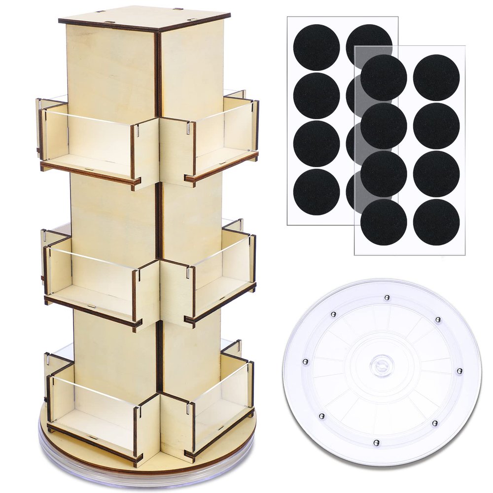 Amyhill Rotating Display Stand, 3 Tier Wooden Sticker 4 Sided Card Display Stand Rack for Vendors Coasters Jewelry Retail Trade Show Showcase(Wood)
