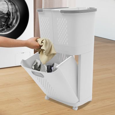 AKaSping Laundry Basket with Wheels 2 Tier Plastic Rolling Laundry Basket Organizer 3 Section White Mesh Clothes Storage Basket for Bathroom Living Room Bedroom Nursery Kitchen