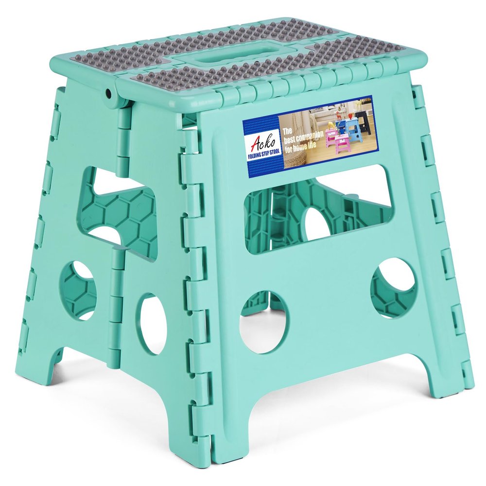 ACKO Folding Step Stool 13 Inch Stool Heavy Duty Plastic Foldable Step Stools for Kids, Stepping Stool with Handle, Suitable for Kitchen Hold Up to 300 LB (Teal 1PC)