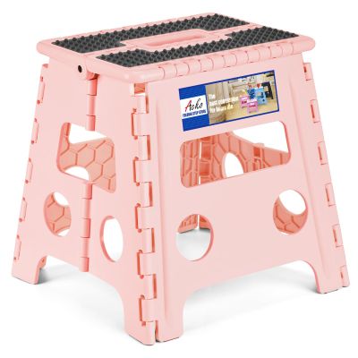 ACKO Folding Step Stool 13 inch Height Premium Heavy Duty Foldable Step Stools for Adults and Kids, Kitchen Plastic Small Collapsible Stepping Stool Hold Up to 300 LB Dot Pink (1 Pack)
