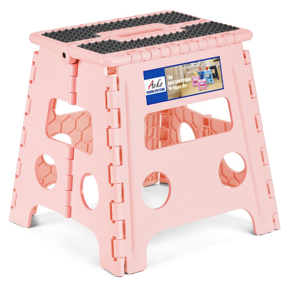 ACKO Folding Step Stool 13 inch Height Premium Heavy Duty Foldable Step Stools for Adults and Kids, Kitchen Plastic Small Collapsible Stepping Stool Hold Up to 300 LB Dot Pink (1 Pack)
