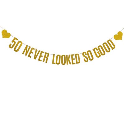 50 Never Looked So Good Banner, Pre-Strung, Gold Paper Glitter Party Decorations for 50th Birthday Party Supplies, Letters Gold,ABCpartyland