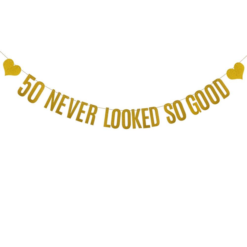 50 Never Looked So Good Banner, Pre-Strung, Gold Paper Glitter Party Decorations for 50th Birthday Party Supplies, Letters Gold,ABCpartyland