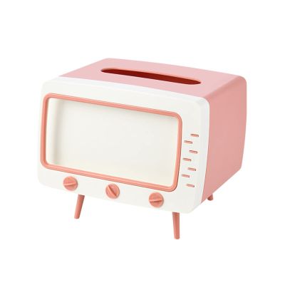 apott Retro TV Tissue Box Facial Dispenser Cover Holder with Phone Stand Innovative Table Centerpiece for Bedroom Home Office Pink