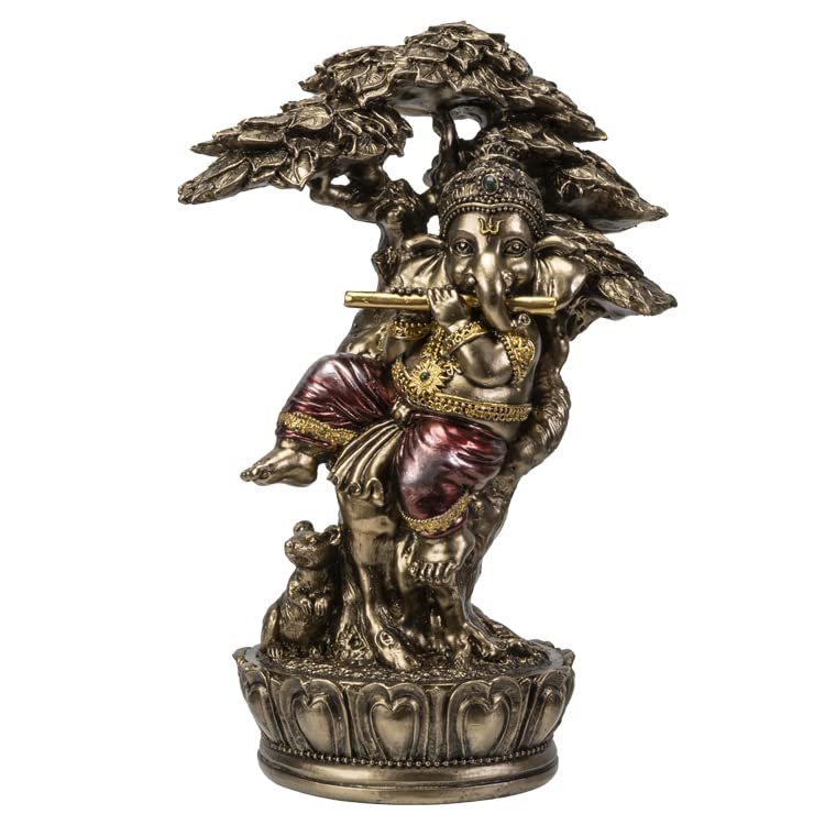 Pacific Giftware Ganesha Playing Music Under Tree Figurine, Gold