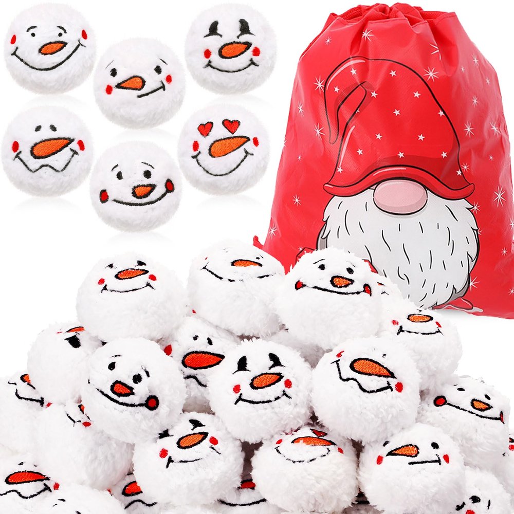 Zubebe 72 Pieces Snowball Fun Set Snowmen Balls Fake Cute Fight Smile Face Snowball with a Bag for Indoor Winter Adults Snowmen Ball Fight Christmas Party Decor, 6 Style(2.8 Inch,Classic)