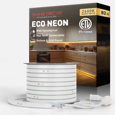 Shine Decor LED Rope Lights AC 120V, Connectable & Cuttable Dotless 120LEDs/M Eco Neon Strip Lighting, ETL IP65 Waterproof & Weather-Resistant for Home Commercial, 8x16mm, 2600K Warm White, 82FT