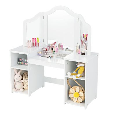 INFANS Kids Vanity, 2 in 1 Princess Makeup Desk Set with Tri-Folding Detachable Mirror, Large Storage Shelves, Wooden Dressing Table,Pretend Play Vanity Set for Girls