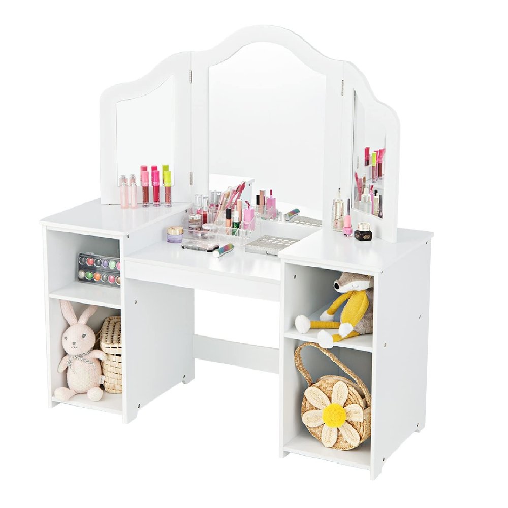 INFANS Kids Vanity, 2 in 1 Princess Makeup Desk Set with Tri-Folding Detachable Mirror, Large Storage Shelves, Wooden Dressing Table,Pretend Play Vanity Set for Girls