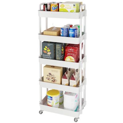 Laiensia 5-Tier Rolling Cart with Wheels,Multifunction Utility Storage Carts, Kitchen Storage Organizer,Mobile Shelving Unit for Bathroom,Laundry,with Classified Stickers,White