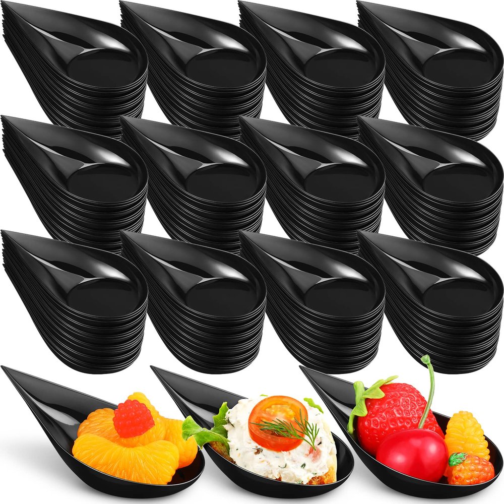 Gandeer 400 Pcs 4 Inch Plastic Appetizer Spoons Tasting Disposable Mini Appetizer Plates Tear Drop Serving Dessert Teardrop Asian Spoon for Party Dessert Dishes Catering(Black)