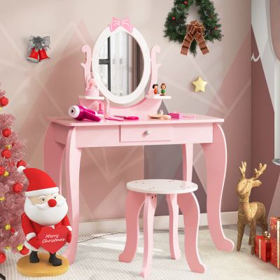 Costzon Kids Vanity Set with Mirror, 2 in 1 Princess Makeup Dressing Table w/Detachable Top, Toddler Vanity with 360 Rotating Mirror, Drawer & Stool, Vanity Set for Little Girls, Pink