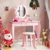 Costzon Kids Vanity Set with Mirror, 2 in 1 Princess Makeup Dressing Table w/Detachable Top, Toddler Vanity with 360 Rotating Mirror, Drawer & Stool, Vanity Set for Little Girls, Pink view 1