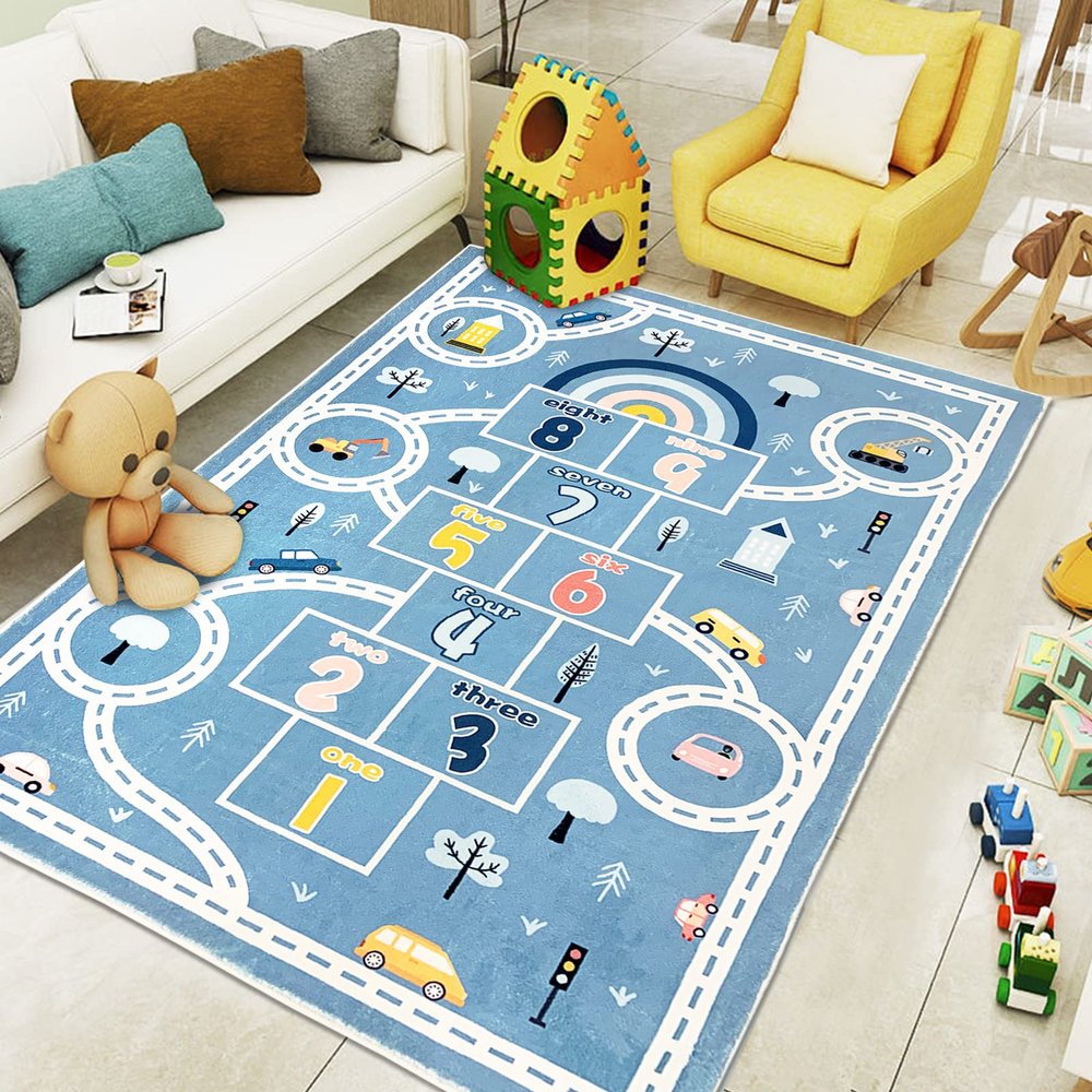 Abeigoi Kids Play Mat 4x6Ft Large Hopscotch Car Rug for Boys Bedroom Playroom Carpet Soft Classroom Educational Learning Area Children Rug, Blue