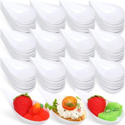 Gandeer 400 Pcs 4 Inch Plastic Appetizer Spoons Tasting Disposable Mini Appetizer Plates Tear Drop Serving Dessert Teardrop Asian Spoon for Party Dessert Dishes Catering(White)