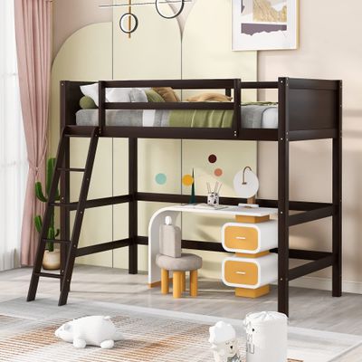 Merax Twin Modern Kids Wood Loft Bed with Gardrail and Ladders Loft Bunk Bed for Juniors, No Box Spring Needed, Espresso