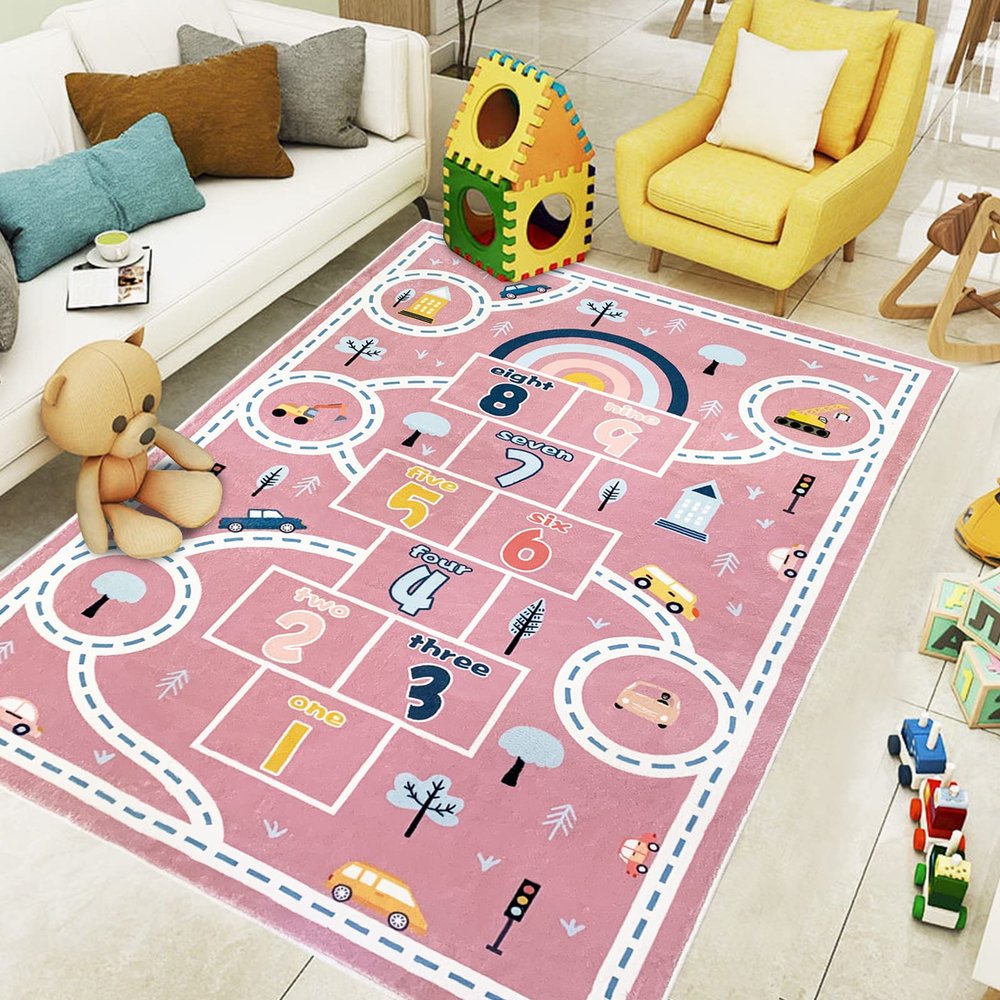 Abeigoi Kids Carpet Hopscotch Play Rug Mat 4x6Ft Large Area Rug Car Rug Hopscotch Mat for Kids Girls Nonslip Children Numbers Educational Throw Rugs for Girls Bedroom Decor, Pink